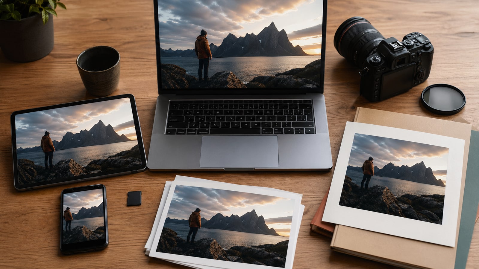 Fotoğraf formatı seçeneklerini temsil eden, cihazlarda ve baskılarda gösterilen aynı görselin yer aldığı bir fotoğrafçı çalışma alanı.