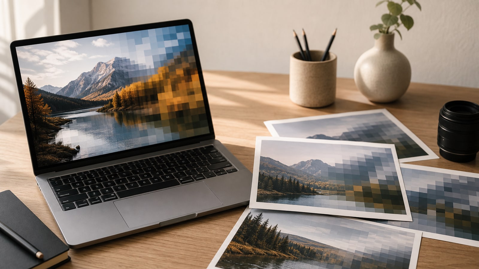 A laptop and photo prints on a desk with subtle block patterns, representing JPEG compression in simple terms.