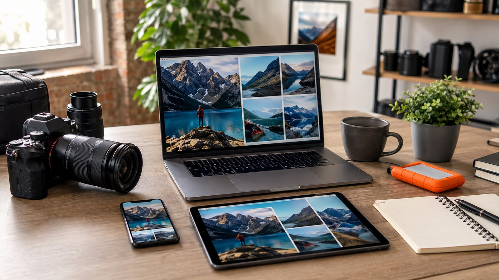 Web'de JPEG kullanımını temsil eden, farklı cihazlardaki fotoğrafları gösteren bir kamera, dizüstü bilgisayar, tablet ve telefon.